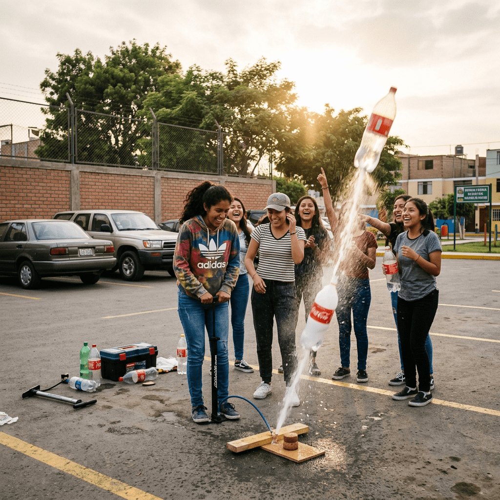 Group of teens launching soda bottle rockets with water and air pressure